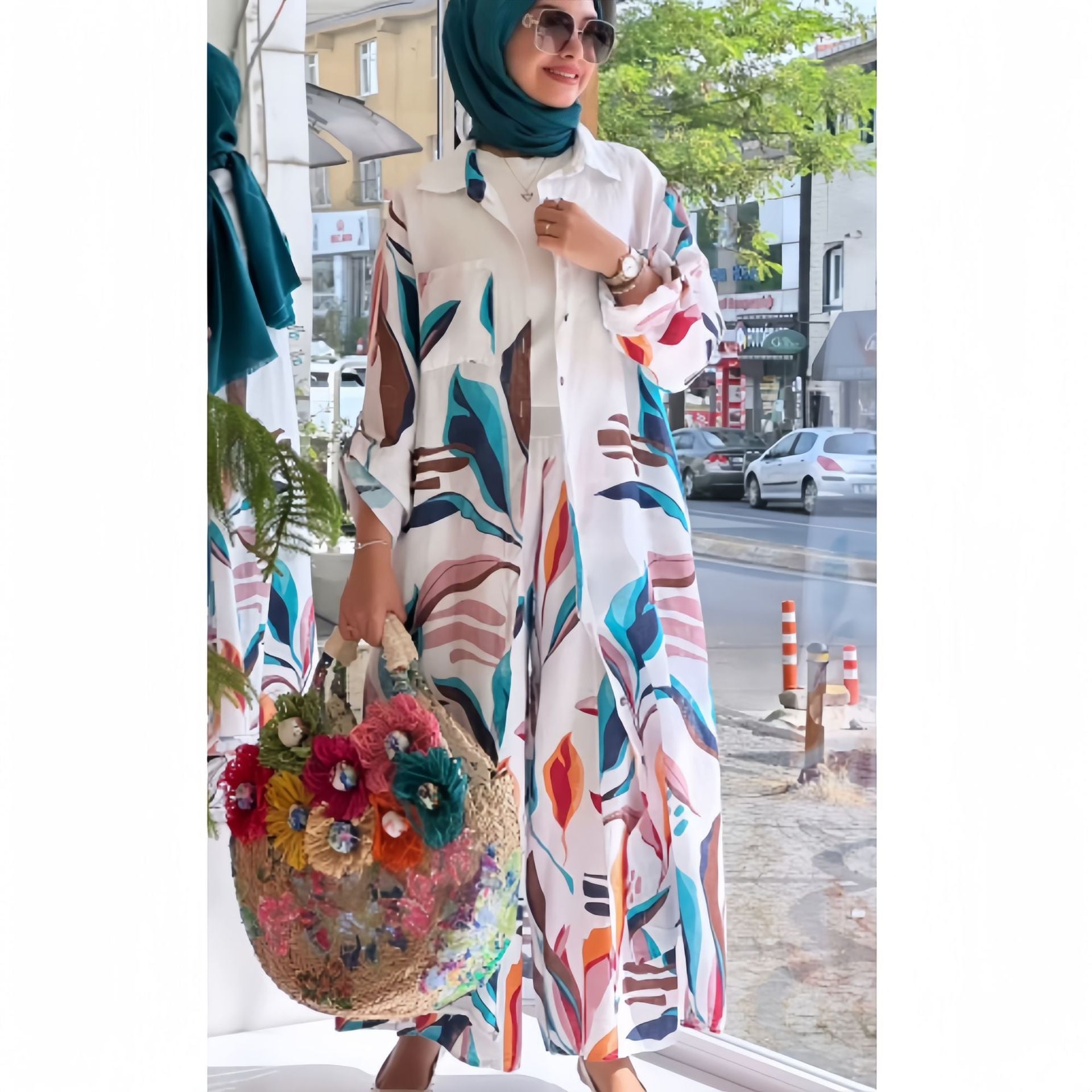 Dam Set Lång Cardigan Vida Byxor Bomull Linne-2