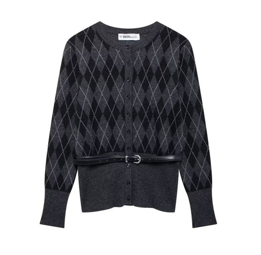 Kvinnors Cardigan Diamantmönster Mjuk Stickad med MidjebÀlte-1