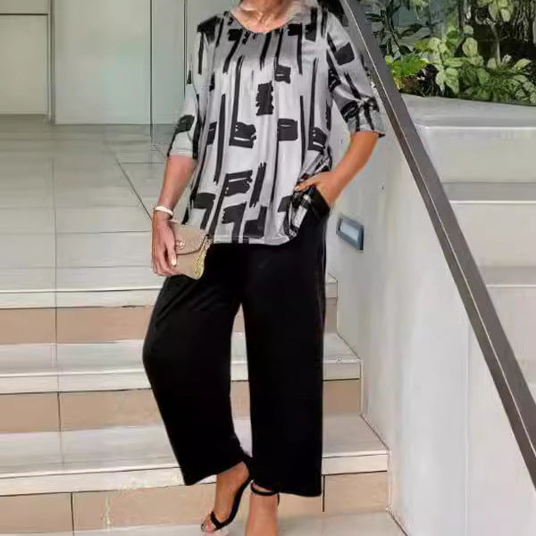 Tvådelat Set Dam Geometriskt Mönster Polyester Trekvartsärmar Vintage Stil 2