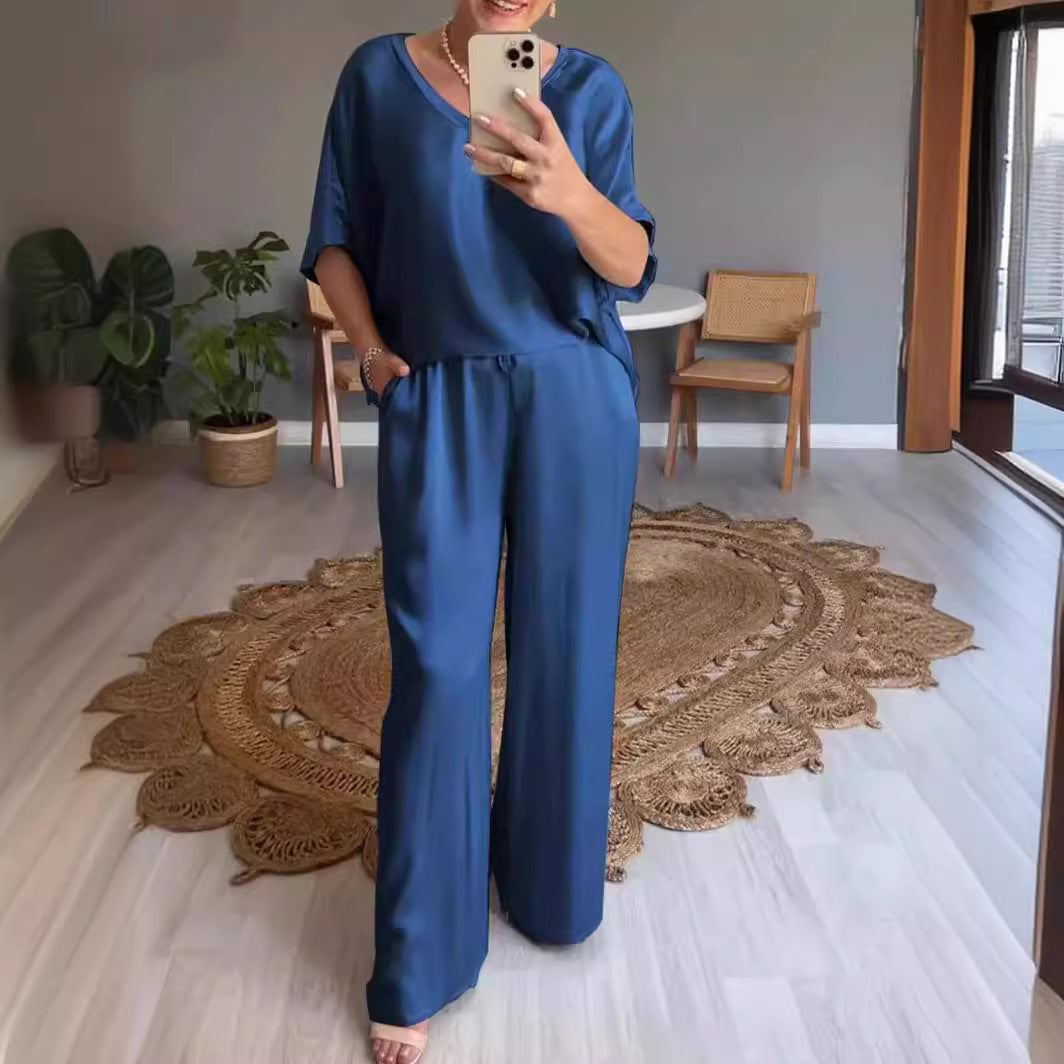Damkostym Avslappnad V-hals Polyester Set med Långa Byxor-5