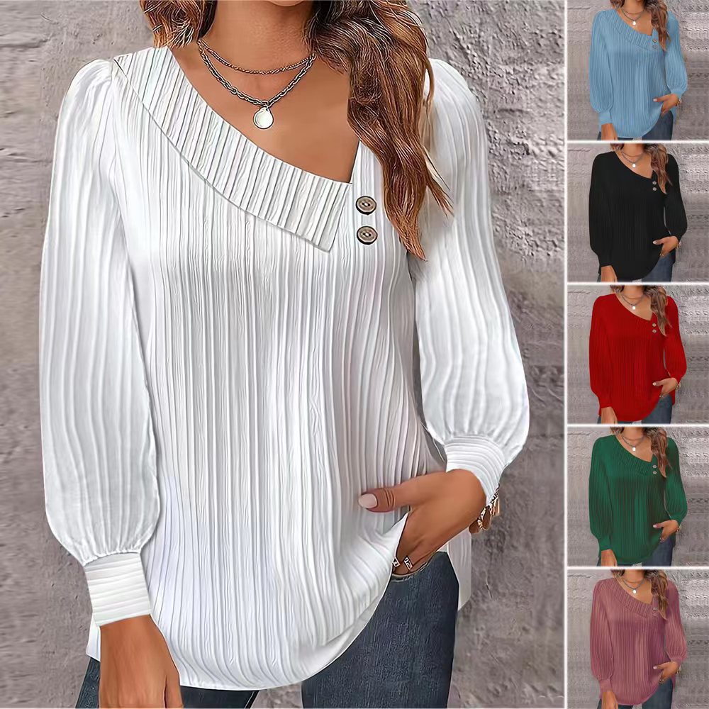 Dam Skjorta Långärmad V-ringning Polyester Blus-2