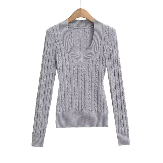 Dam Stickad Tröja FlÀtmönster Bred Halsringning Mjuk Akryl-1