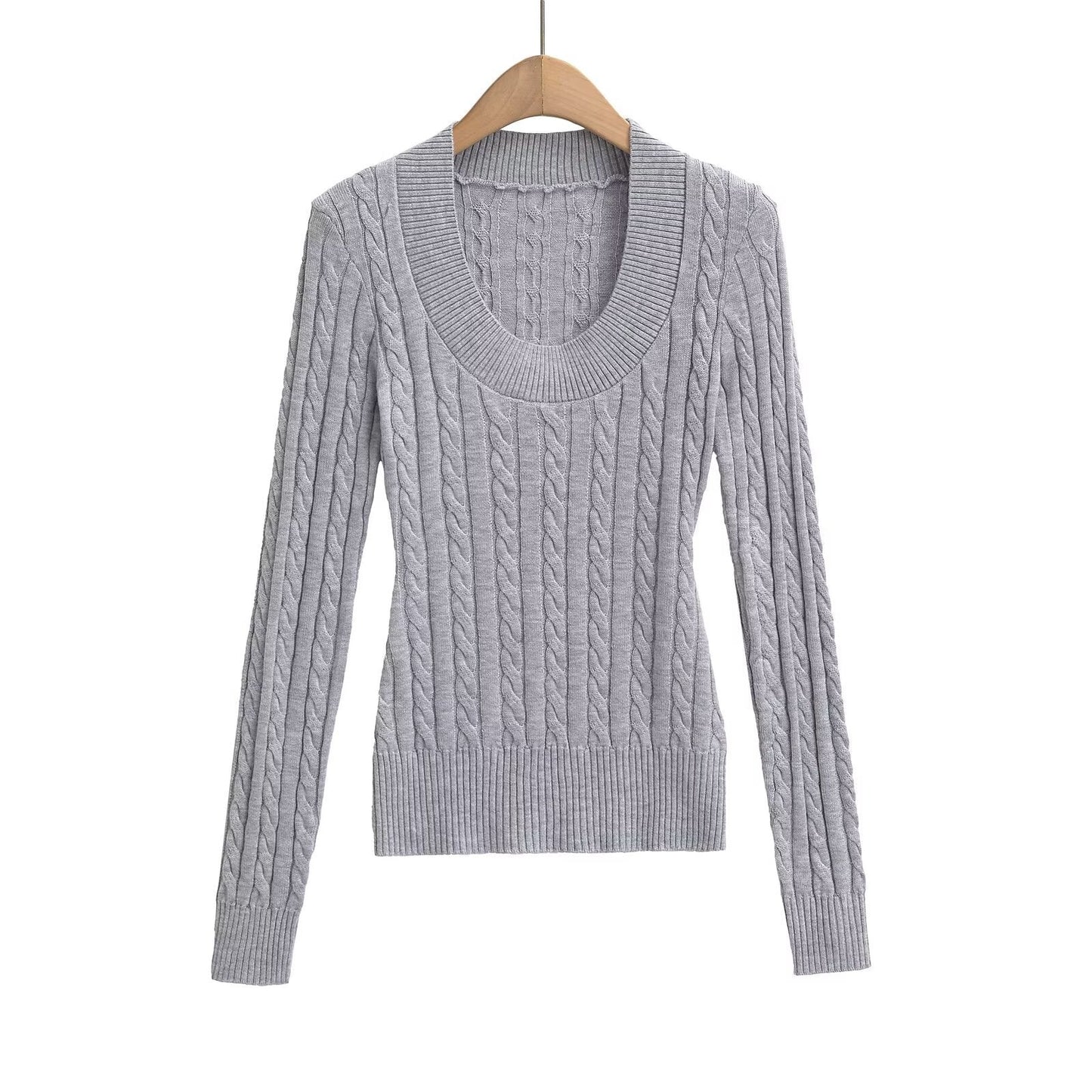 Dam Stickad Tröja Flätmönster Bred Halsringning Mjuk Akryl-1