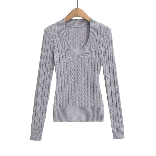 Dam Stickad Tröja Flätmönster Bred Halsringning Mjuk Akryl-1