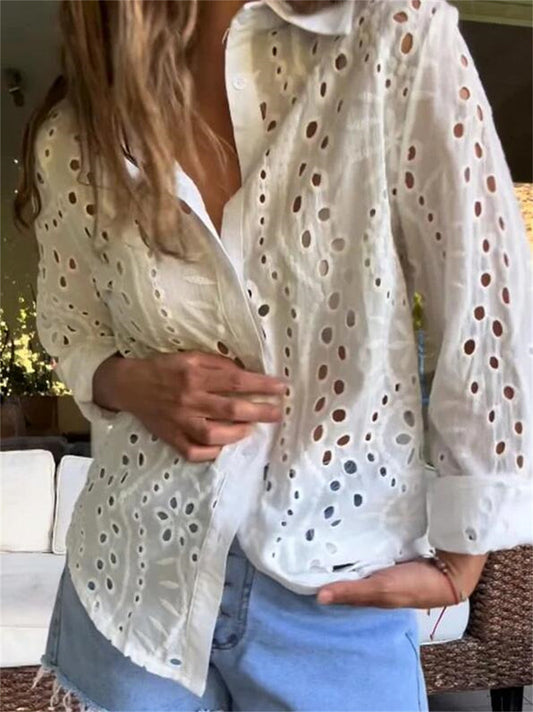 Dam Skjorta Broderad Polyester Regular Fit LĂ„ng Ărmar-1