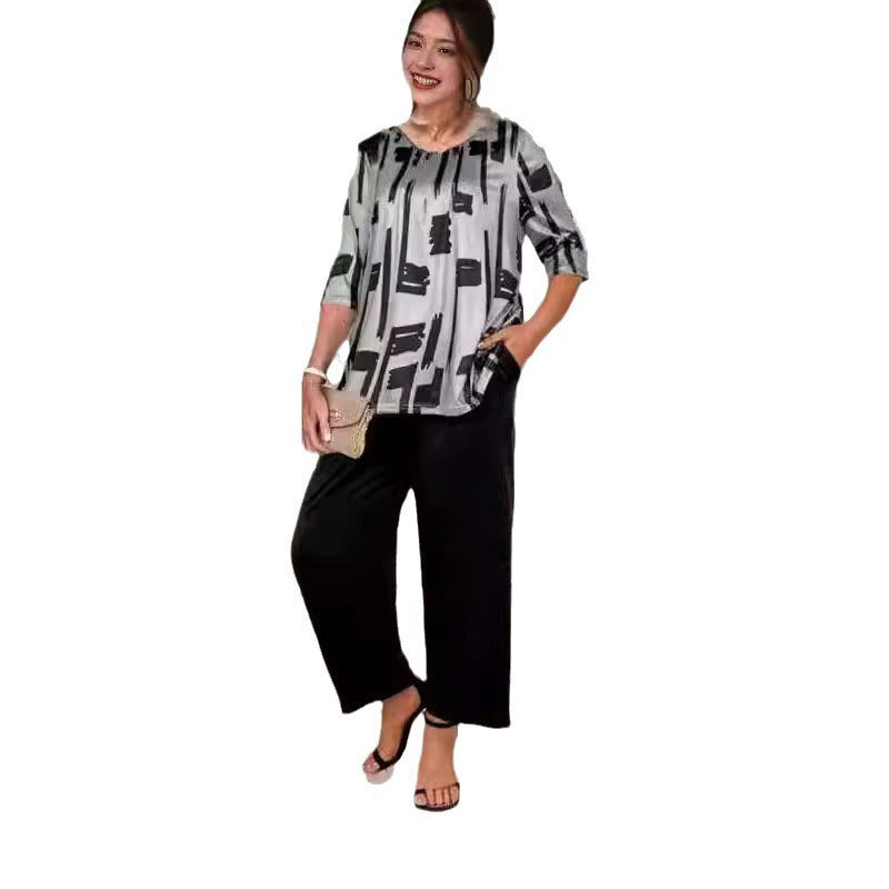 Tvådelat Set Dam Geometriskt Mönster Polyester Trekvartsärmar Vintage Stil 4