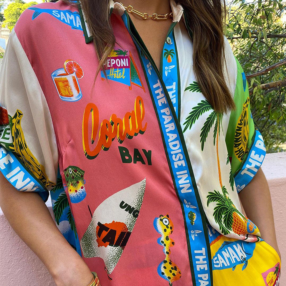 Dam Casual Set Tryckt Skjorta och Byxor Syntetisk Blandning-3