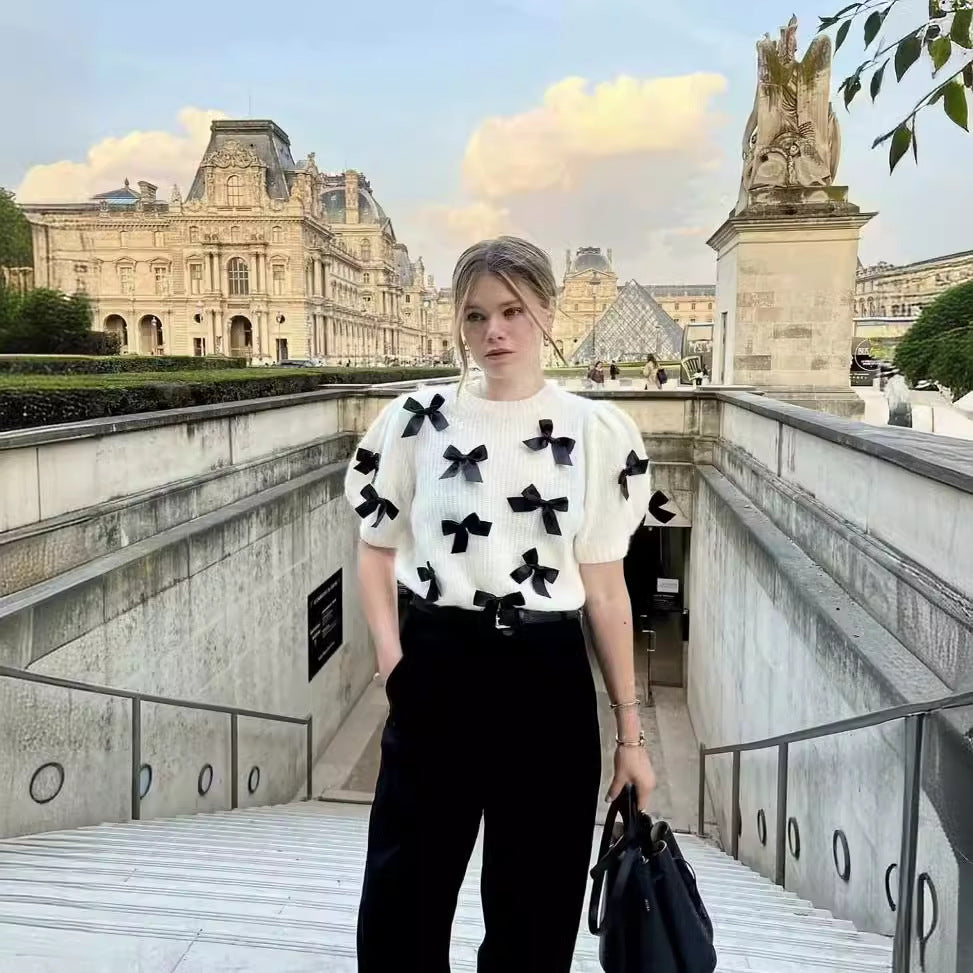 Dam Stickad Tröja med Dekorativa Satin Detaljer Mjukt Material Avslappnad Passform 8