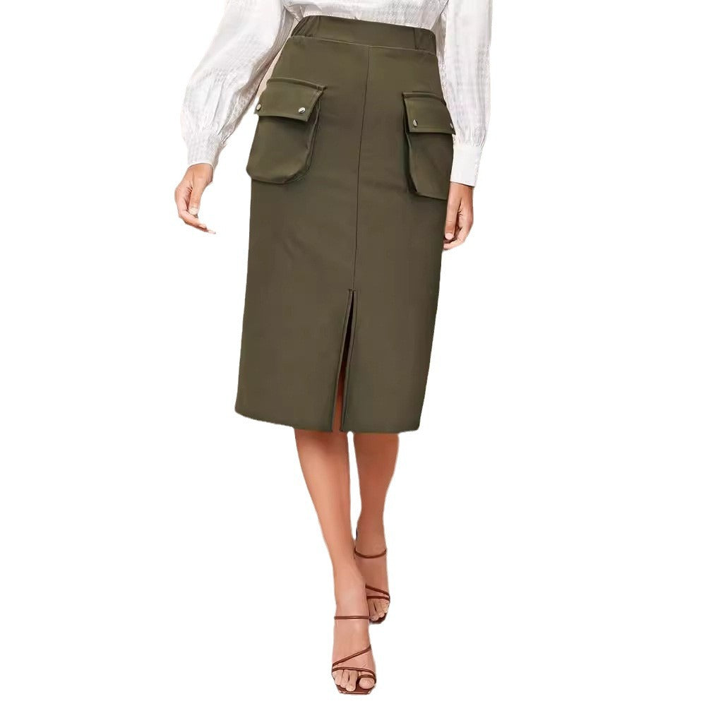 Kvinnor Midi Kjol med Sidofickor och Sidoslits Högkvalitativt Tyg 6