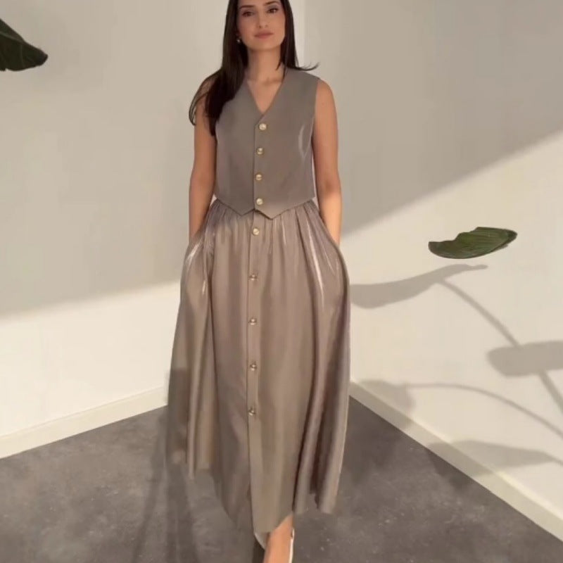 Tvådelat Set Dam Kjol Hög Midja Polyester med Knappar 4