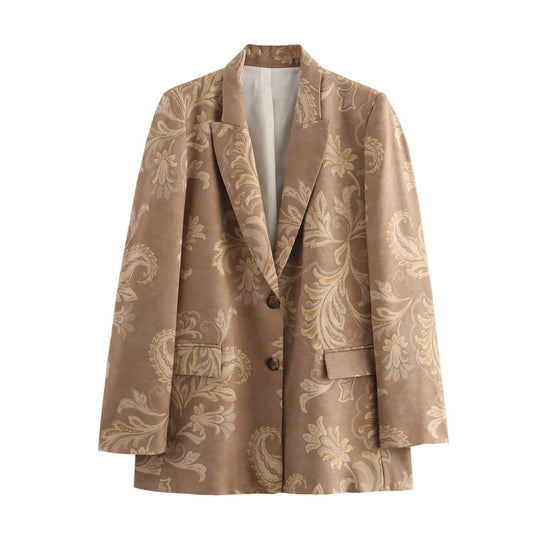 Dam Blazer Löst Vadderad Blommig Design med Reverskrage â Khaki, För Formella och Avslappnade TillfĂ€llen 1