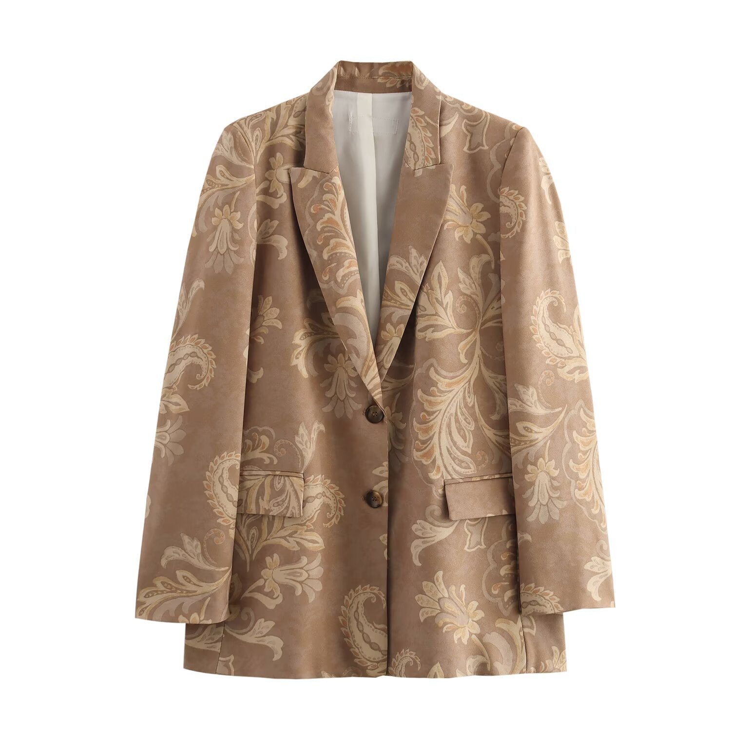 Dam Blazer Löst Vadderad Blommig Design med Reverskrage – Khaki, För Formella och Avslappnade Tillfällen 5