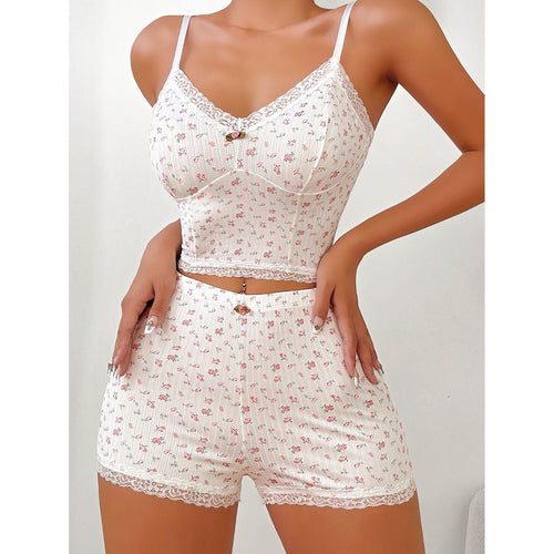 Dam Loungewear Set Blommig Camisole och Capri Byxor Polyester-1