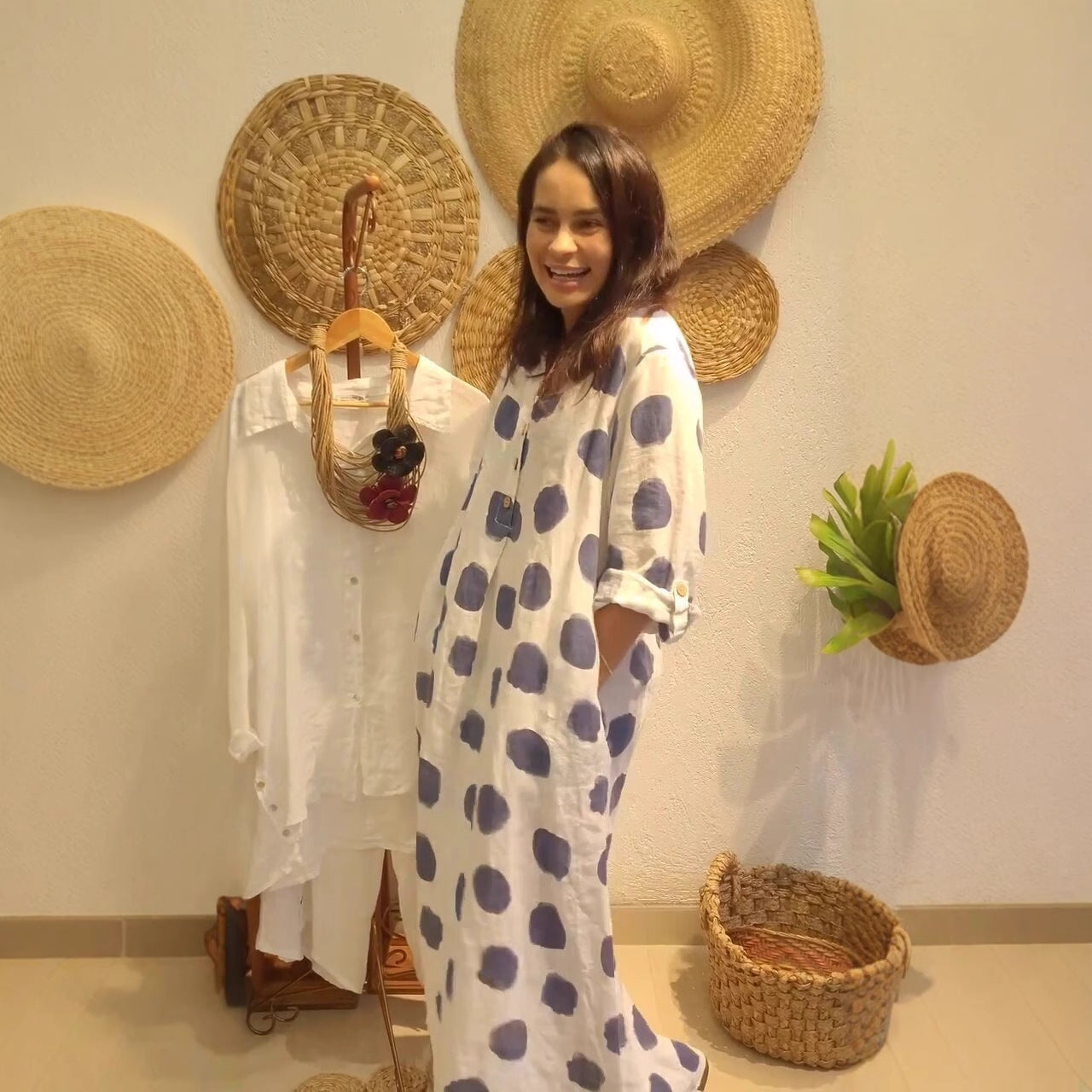 Dam Klänning Lång V-Hals A-Line Polyester Prickmönster-4