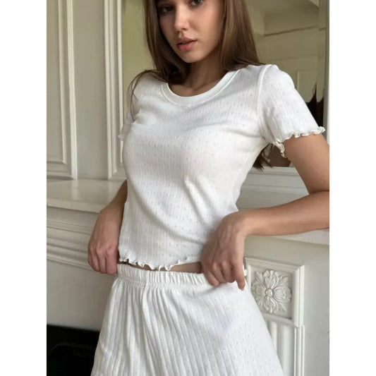 Dam Casual Set Slim Fit Kortärmad Topp Rayon och Bomull Capri Byxor-1