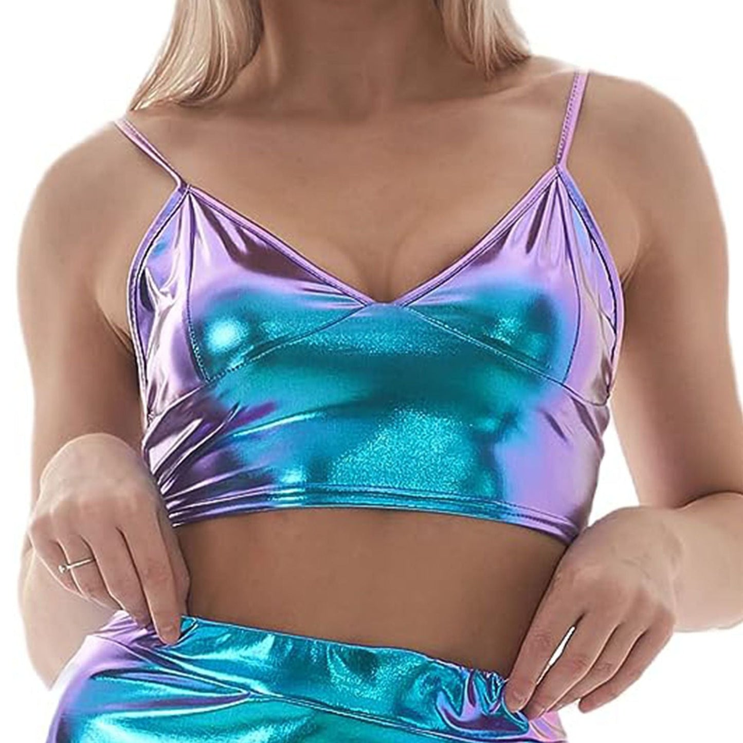 Damen Skördetopp mit Glänzender Metalloptik – Justierbare Träger, Weiches Elastisches Material, Ideal für Festliche Anlässe und Casual Wear 2