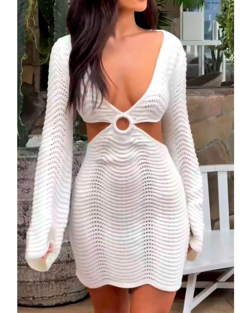 Dam Strandklänning A-linjeformad V-ringad Långärmad Polyester-3