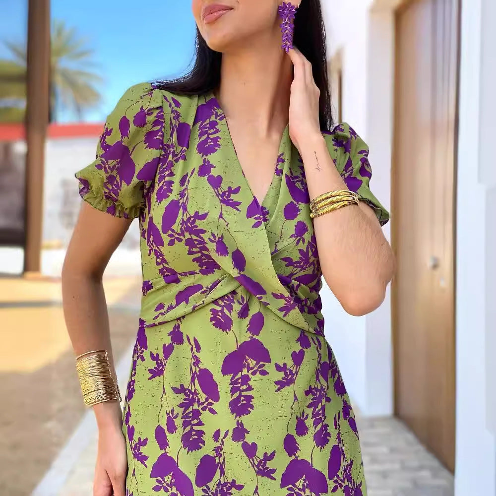 Kvinnors Omslagsklänning Blommönster V-ringad Puffärmar Andningsbart Tyg-5