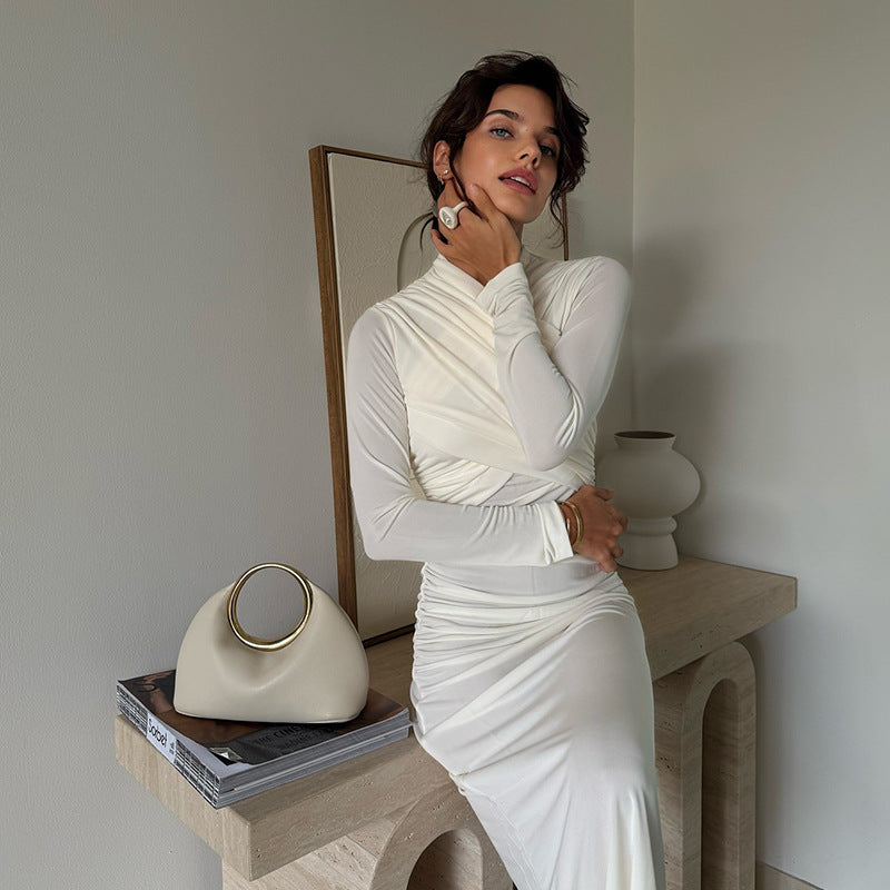 Dam Klänning Wrap Elegant Långärmad Andningsbart Material-2