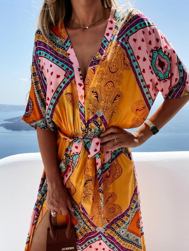 Dam Maxiklänning Blommönster Volangärmar Polyester-5