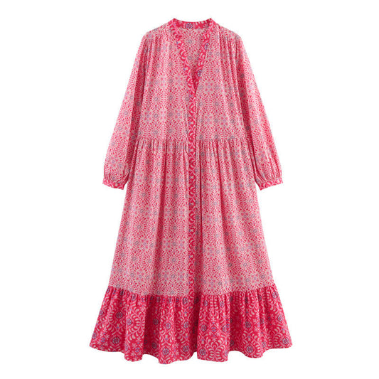 A-Line Klänning för Kvinna med Tryckt Design, Midi Längd, Långa Ärmar och V-ringning – Polyester 1