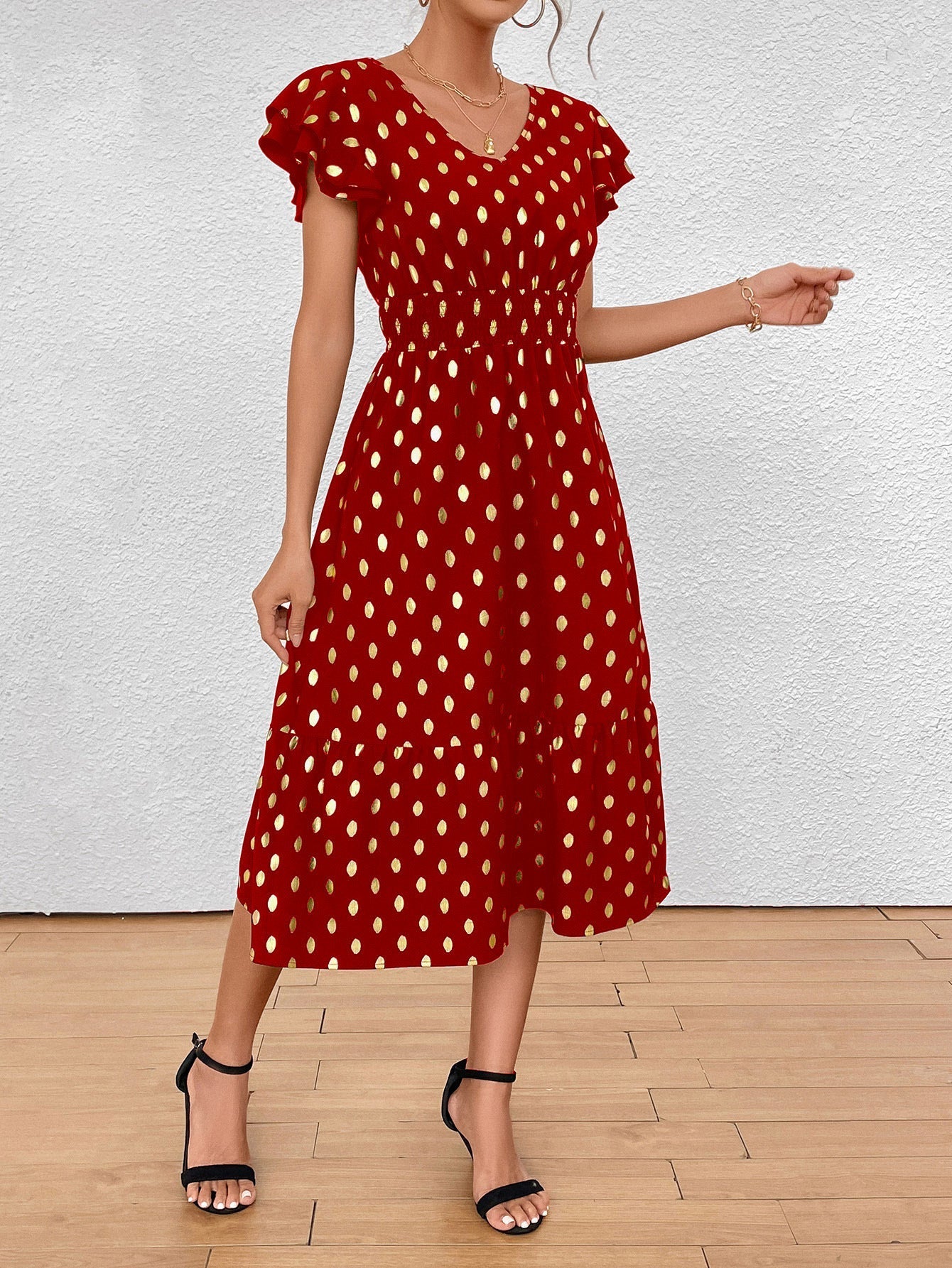 Kvinnors Midi Klänning A-linje Vinge Ärmar Polyester med Slits-4