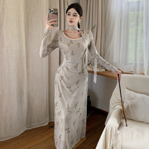 Kvinnors A-linjeformad Klänning Blommönster Polyester Långa Ärmar-1