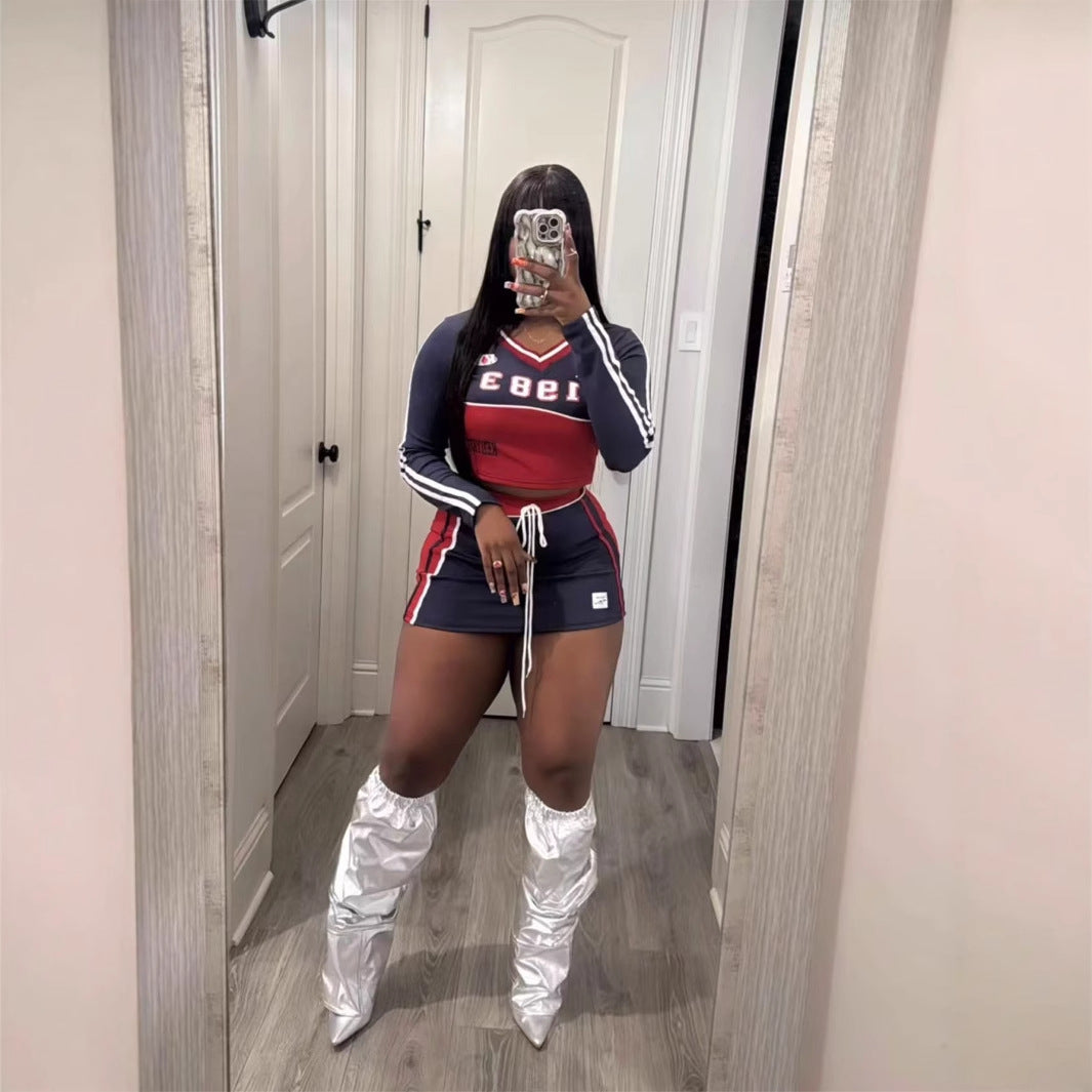 Kvinnors Set med Kort Kjol och Långärmad Topp i Spandex-2