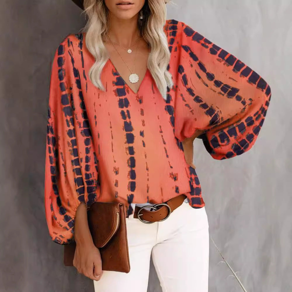 Dam Tröja V-ringad Lång Ärmar Mjuk Tyg med Tryck 5