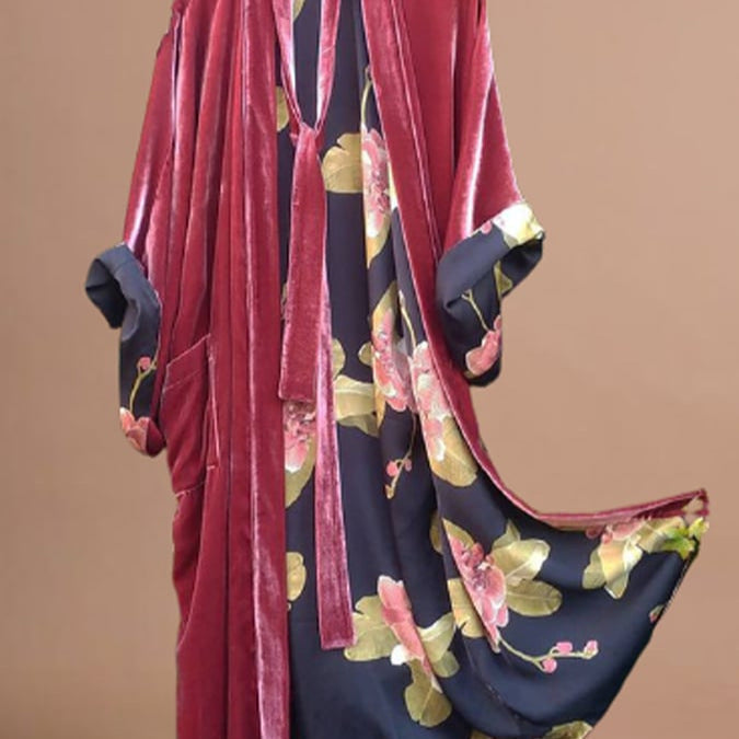 Dam Cardigan Midi Satin Blommönster med Midjebälte-3