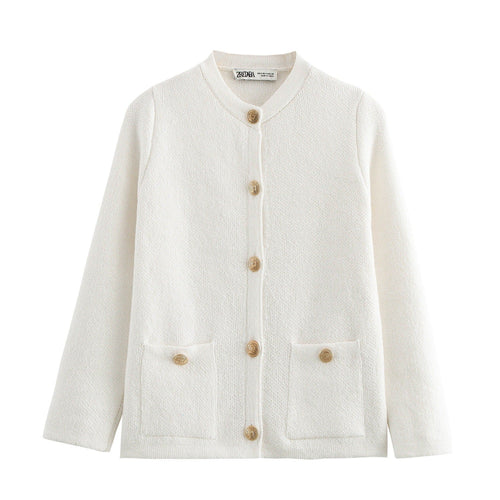 Kvinnors Cardigan med Knappdetaljer och Praktiska Väskor Mjuk Fiber-1