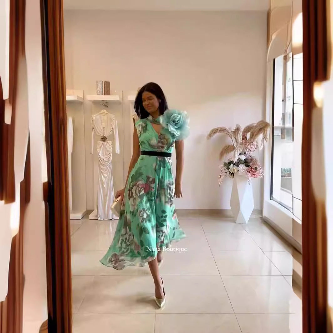 Dam Midi Klänning A-linjeformad Söt Polyester-6