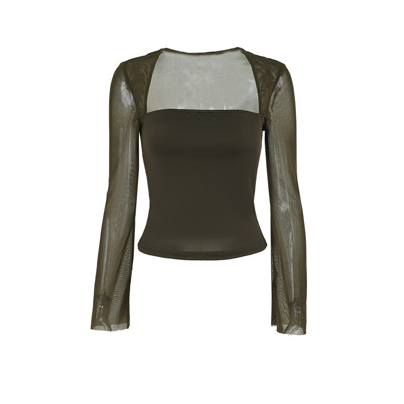 Lång Topp för Kvinnor med Transparenta Ärmar – Figurnära Snitt i Elastisk Materialblandning 6