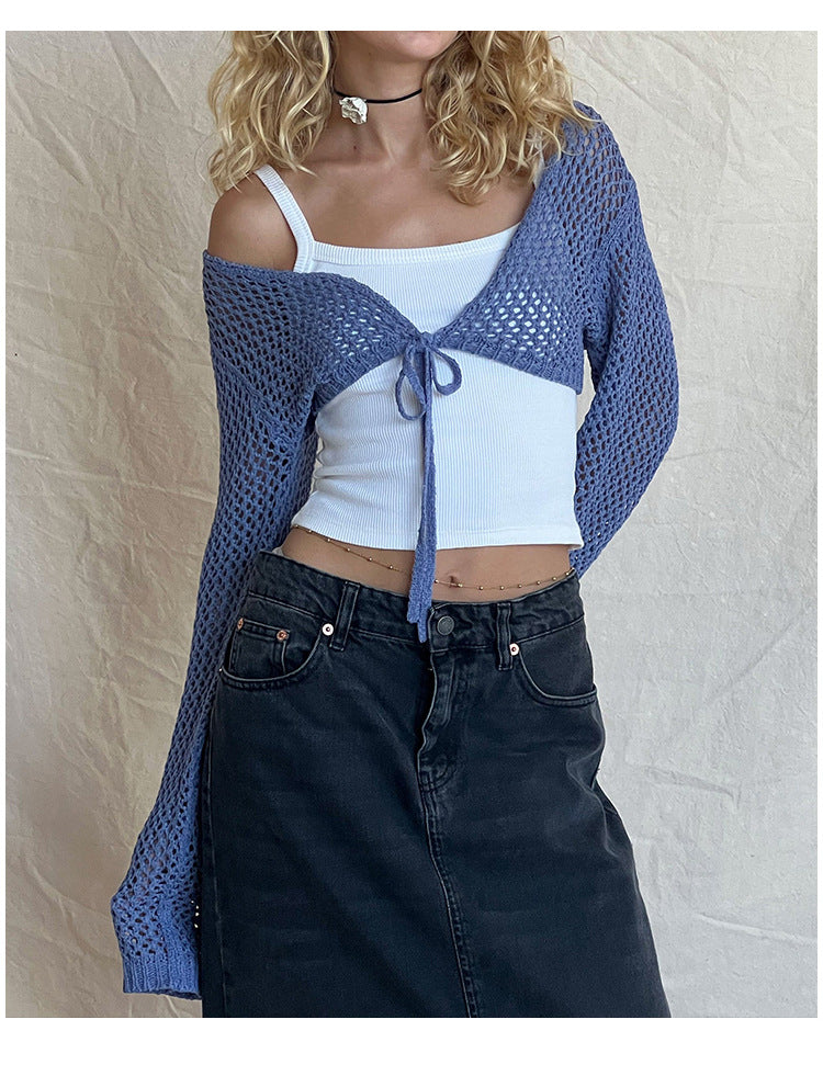 Variant image for Dam Kort Cardigan med Snörning i Mjuk Akryl-Bomull-9