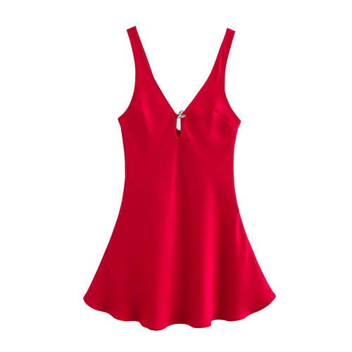 Dam Kort Klänning V-ringning Rygglös Ärmfri Högkvalitativt Tyg-1