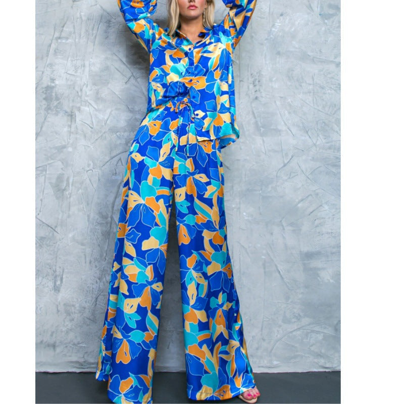 Kvinnors Tvådelat Set Långärmad Skjorta med Puffärmar och Bredbyxor Polyester 3