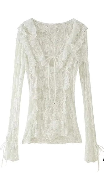 Kvinnors Festtop med Ruffles Transparent Spets-1