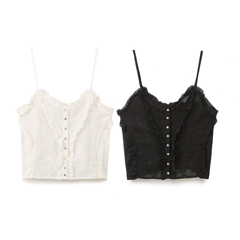 Dam Festtopp Broderad Spaghetti Band Bomull-2