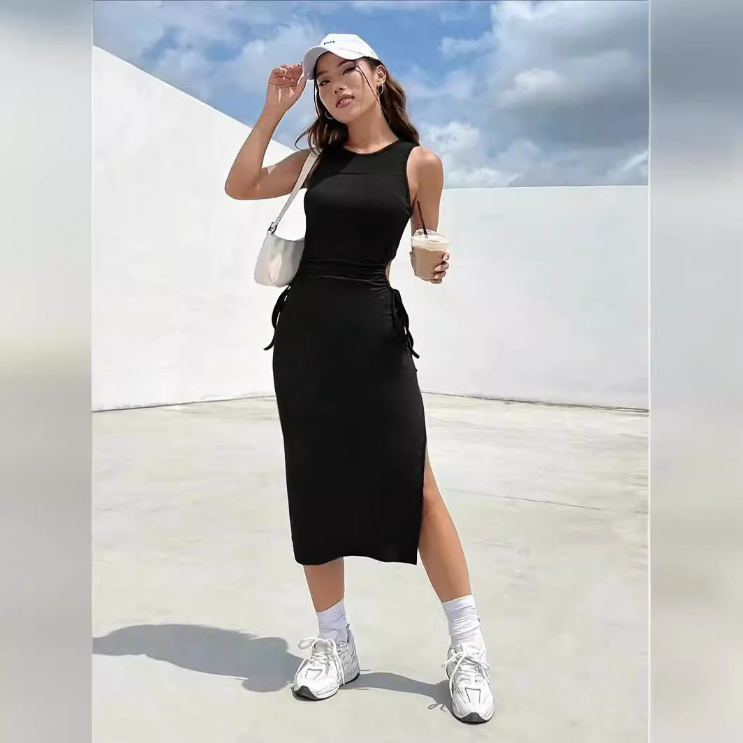 Kvinnors Midi Bodycon Klänning i Polyester med Urtagning och Rund Halsringning – Ärmlös Design för Fest och Vardag 3