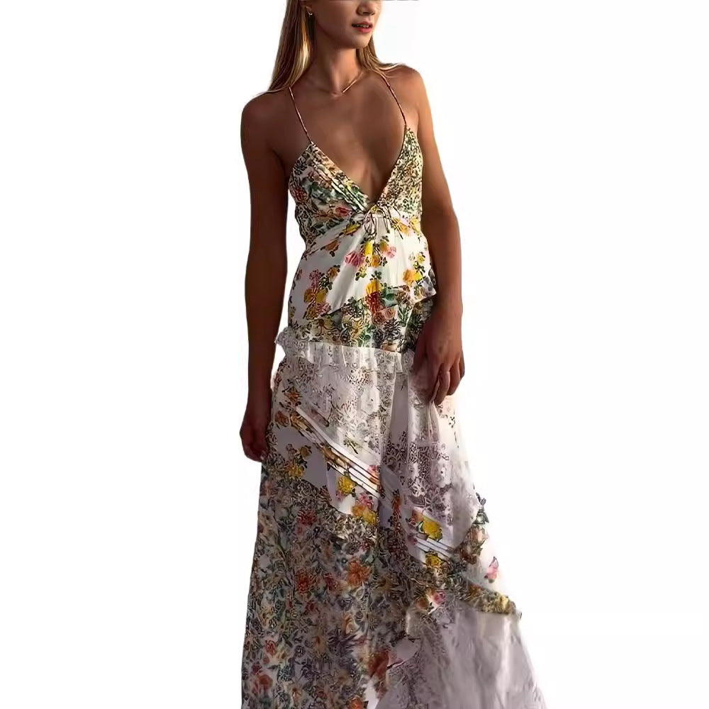 Kvinna Lång Klänning Blommig V-Hals Spandex Polyester 6