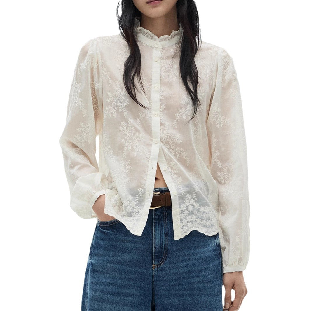 Långärmad Blus Dam Broderad Tencel Chiffon Elegant 5