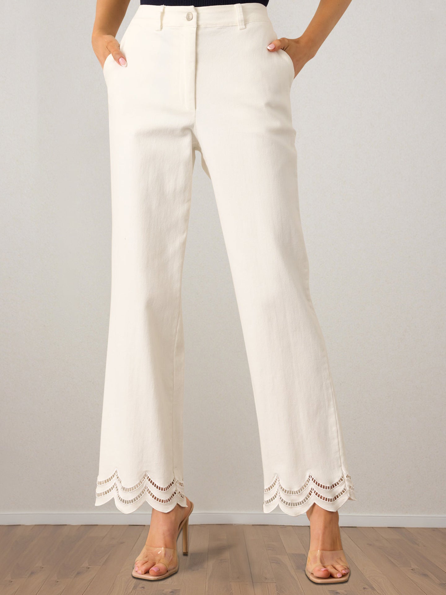 Damernas Palazzo-byxor Bred Benpassform med Dekorativ Vågfinish och Sidfickor 1