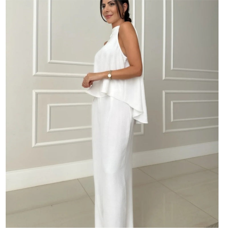 Kvinnors Avslappnade Set Ärmlös Topp och Breda Ben Byxor Mjuk Bomull-3