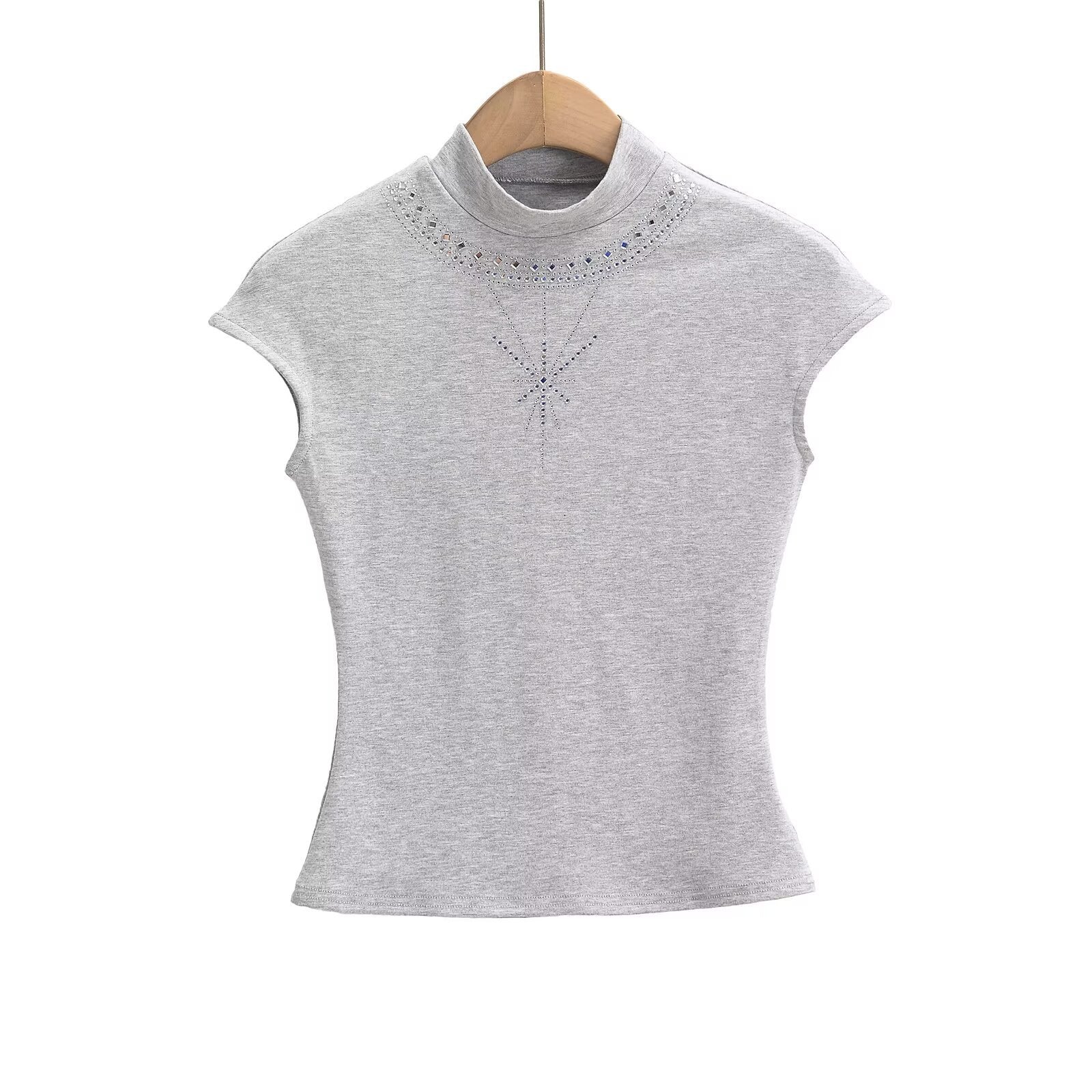 Kvinnor Kortärmad Topp med Chic Stand-Up Krage och Glänsande Strassdetaljer – Vit, Mjuk Bomullsblandning 7