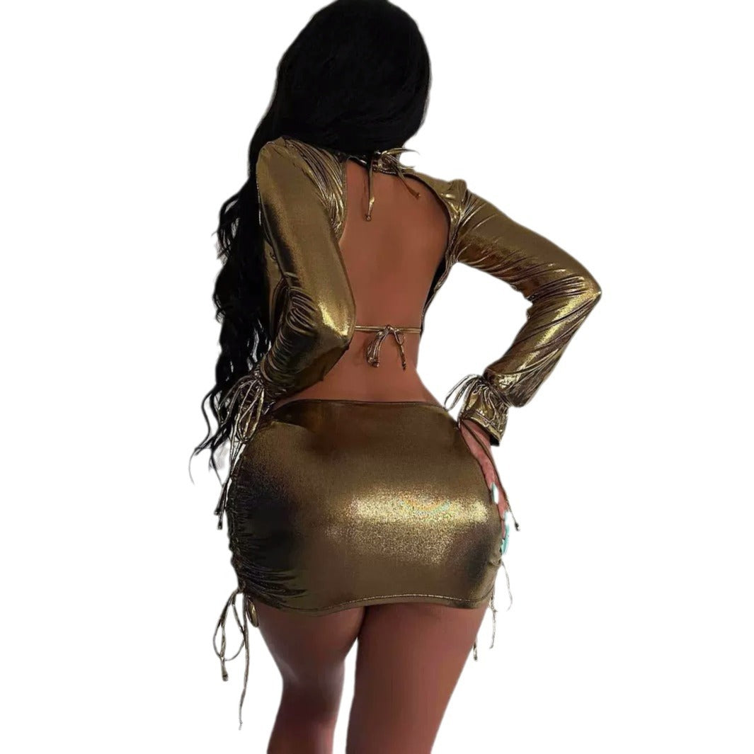 Kvinnors Glittrig Miniklänning Djup V-ringning Metallisk Polyester 5