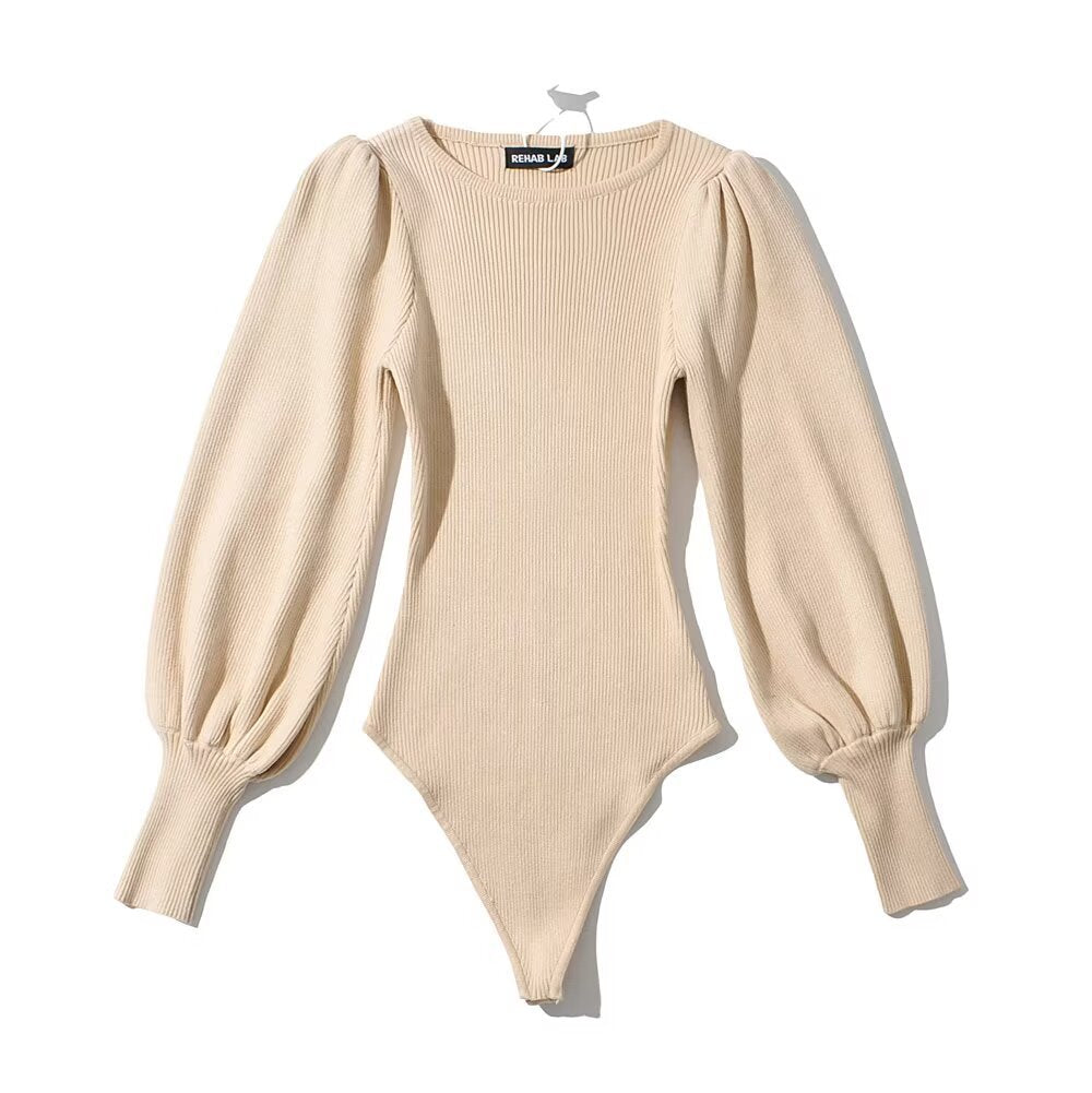 Variant image for Kvinnor Bodysuit Långärmad Puffärmar Ribbat Elastiskt Tyg-1