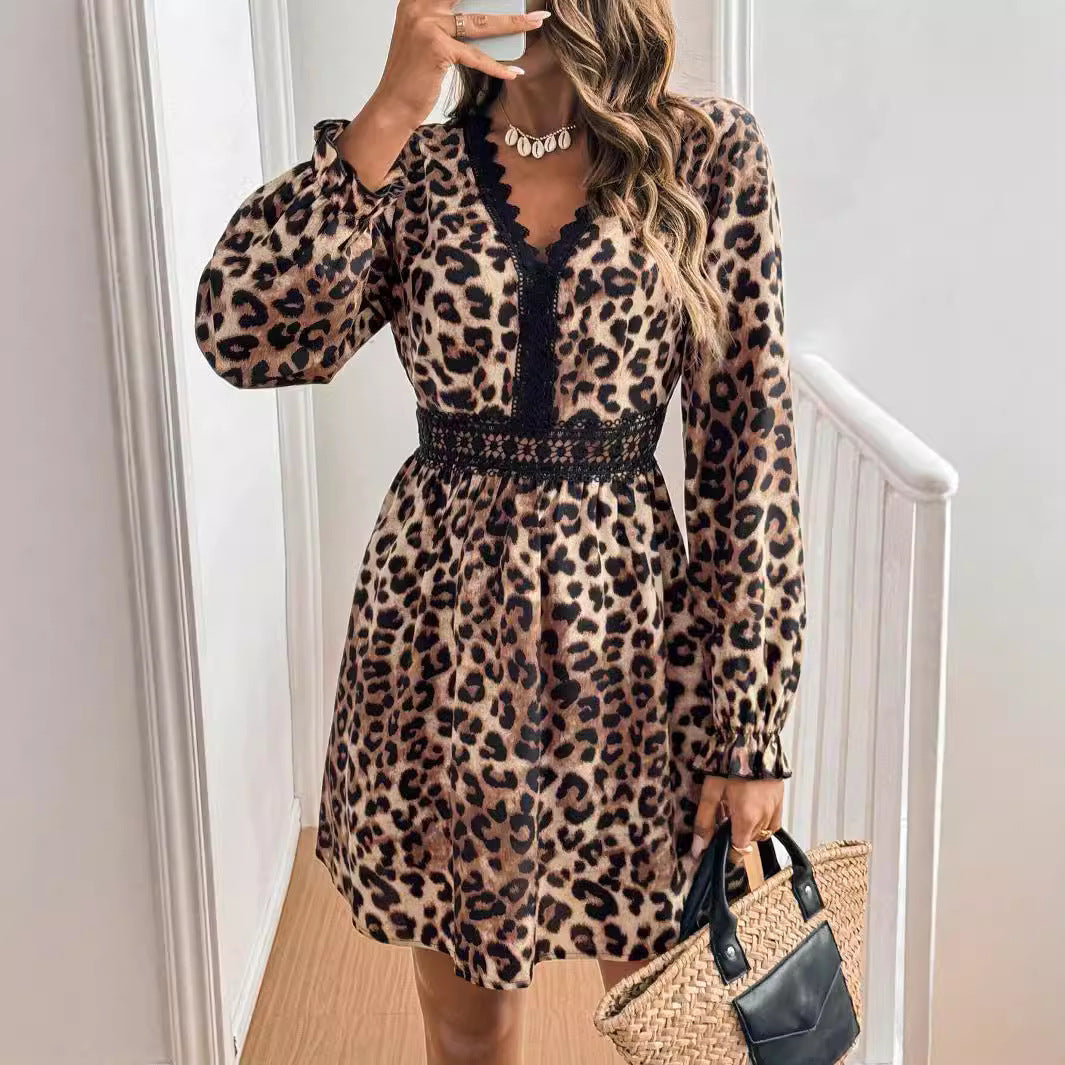 Damklänning A-Line Leopardtryck V-ringning Polyester-2