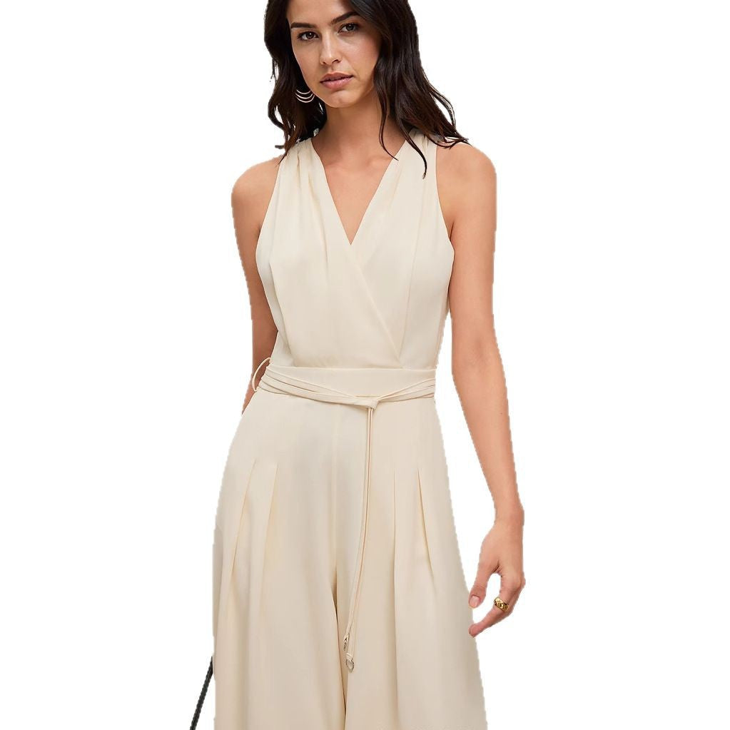 Damen Jumpsuit mit Tiefem V-Ausschnitt und Seitlichem Bindegürtel – Leichtes Stoff, Bequeme Passform, Bunte Designs 5