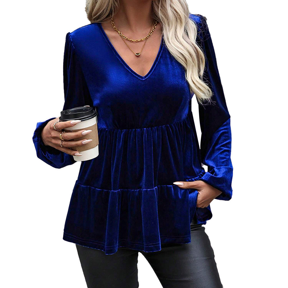 Dam Topp V-Hals Rüsch Detaljer Mjuk Sammet 6