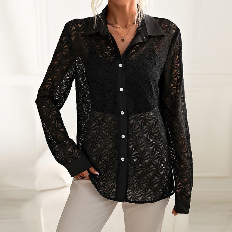 Dam Cardigan Blus Löst Passform Spets-2